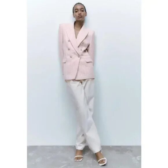Zara Textured Tweed Double Breasted Blazer Light Pink Silver Tweed. M. NWT - Picture 2 of 10